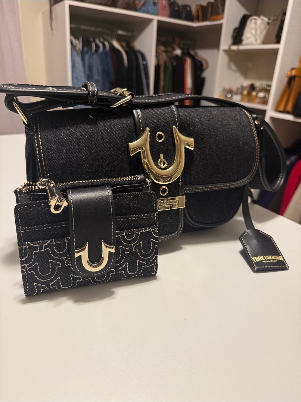 True Religion Black Denim Saddle Bag with Gold Hardware and Matching Card Wallet